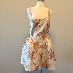 Francesca's Collections Cream Mini Dress with Pink Floral Jacquard